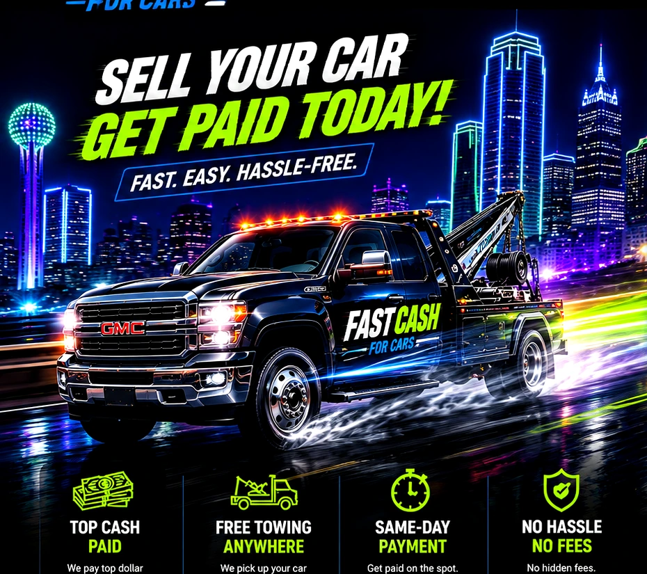 Fast Cash For Cars racing tow truck in neon Downtown Dallas